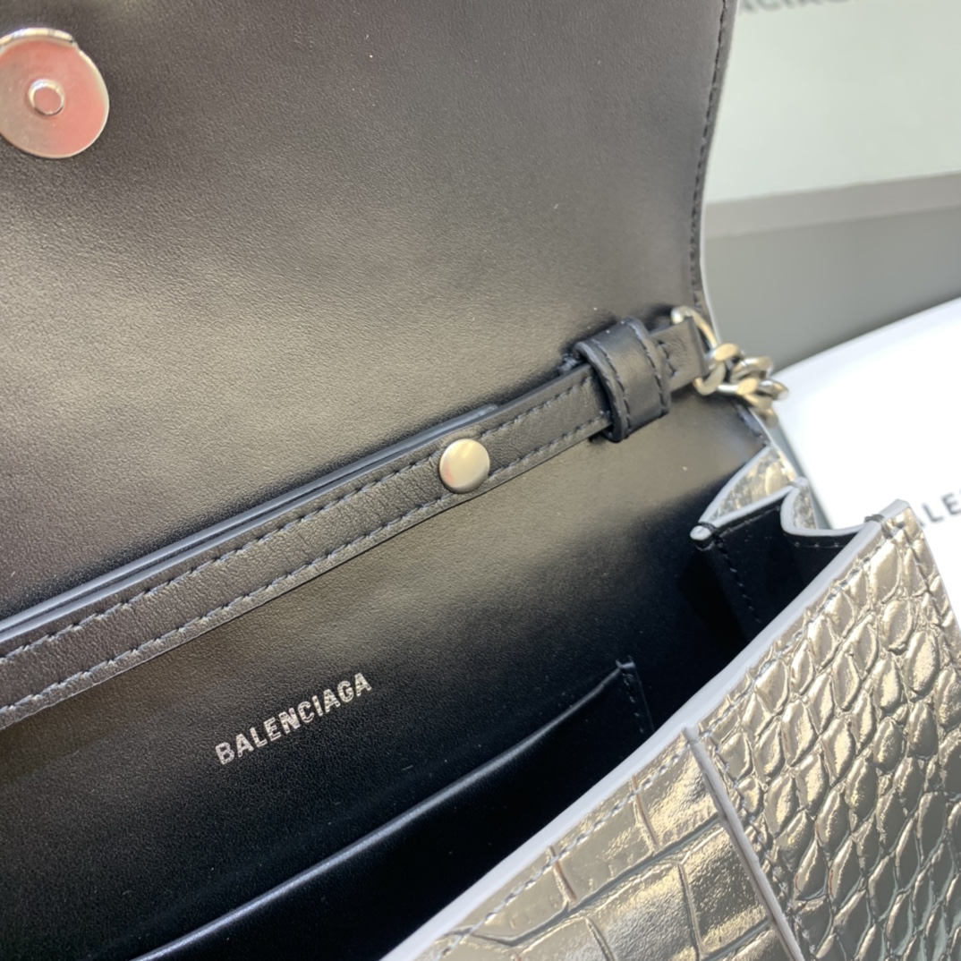 Balenciaga Big Hourglass Wallet With Chain Crocodile Embossed Shoulder Bag Silver